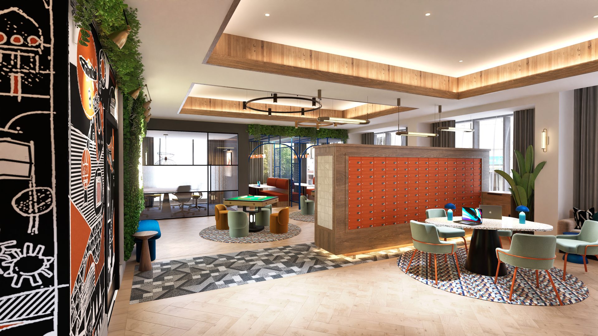 CGI of the entrance and communal arrival space at 119 High Street, showcasing interior design delivered through modular construction.