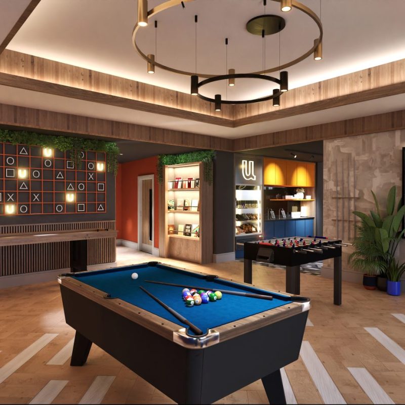 CGI of the communal lounge at 119 High Street modular student accommodation, showing social seating areas designed and delivered using modular construction.