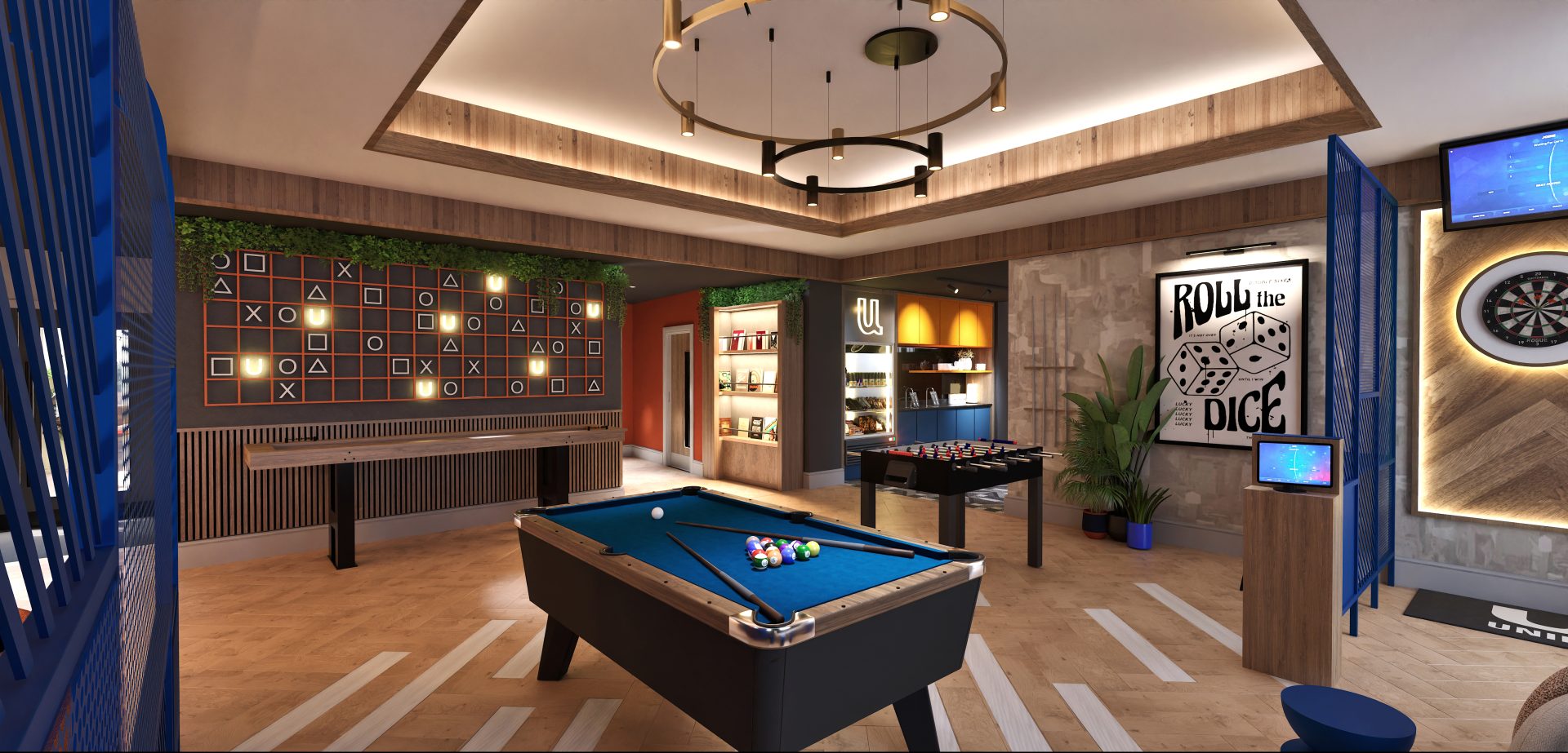 CGI of the communal lounge at 119 High Street modular student accommodation, showing social seating areas designed and delivered using modular construction.